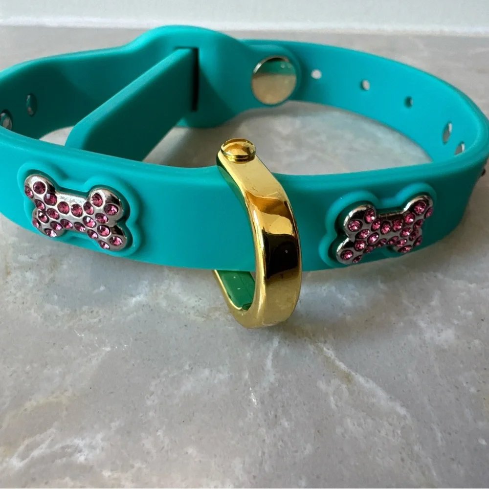 NEW Bonefly Puppy Dog Gift Collar Aqua Gold +4 X Swarovski Pink Charms Sz XS - Picture 1 of 13